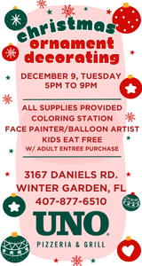 Fall Craft & Kids Eat Free at UNO Pizzeria in Winter Garden December 9th.